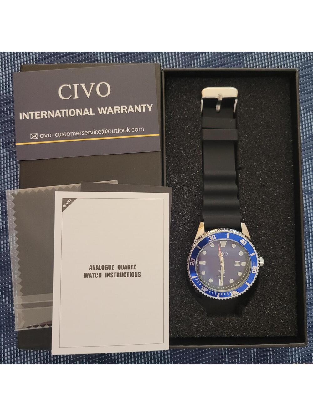 CIVO Analogue Quartz Diver Style Watch Blue Bezel Black Strap with Box